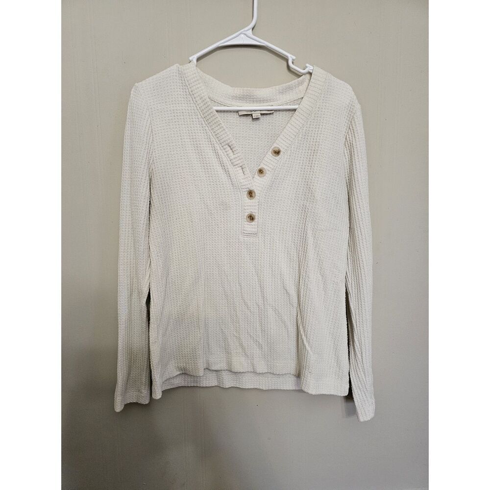 LOFT WOMEN'S SUPER SOFT LONG SLEEVE BRUSHED WAFFLE HENLEY TOP IVORY SIZE Large P